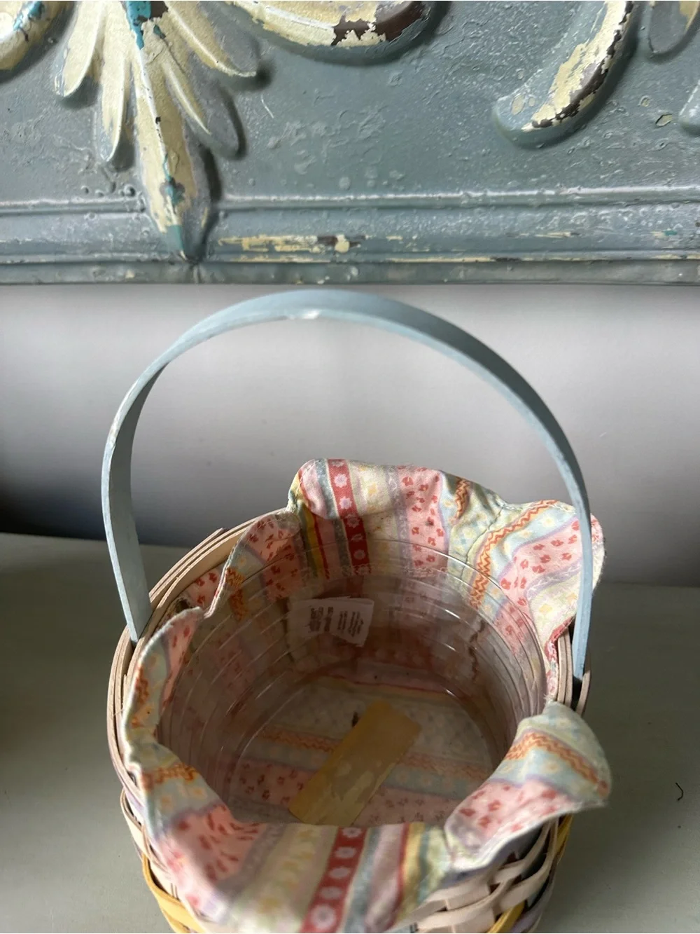 Longaberger white wash colorful pastel Easter basket with liner protector